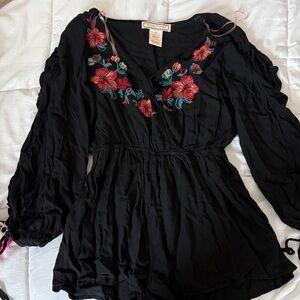 Flying Tomato Black romper with Red Floral Embroidery
